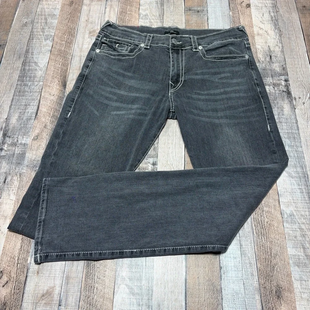 True Religion Ricky Relaxed Straight Mens 36x34 Gray Contrast Stitch Jeans